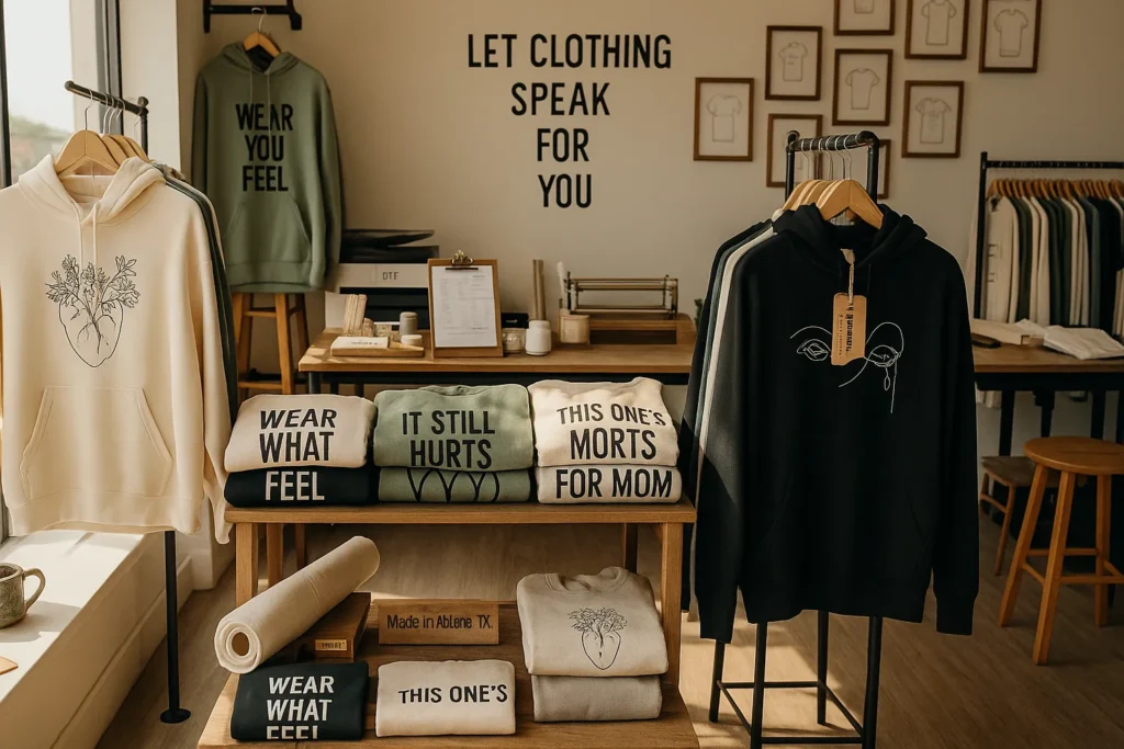 Garments are hung on wooden racks and feature subtle, emotional designs: “Wear What You Feel,” “It Still Hurts,” “This One’s for Mom,” and minimalist line-art graphics like a heart holding flowers or a single tear. Include soft cotton textures, muted colors (cream, sage green, charcoal, heather grey).