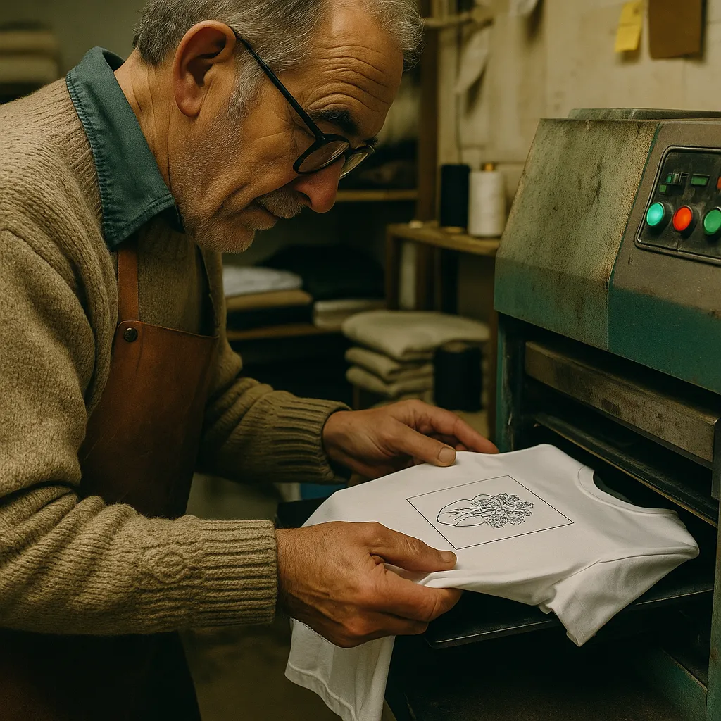 A close-up, photorealistic image of an older male printmaker in his late 60s working carefully at a Direct-to-Film (DTF) t-shirt printing machine in a small textile workshop.