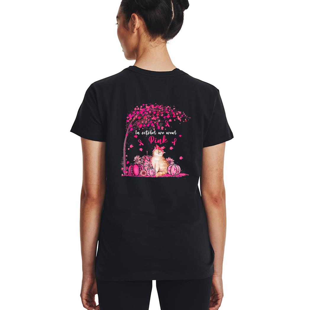 Breast Cancer Awareness In October We Wear Pink Pumpkin Cat Premium Woman T-Shirt