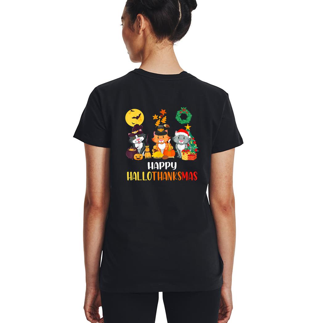 Cat Halloween Christmas Happy Hallothanksmas Thanksgiving Woman T-Shirt