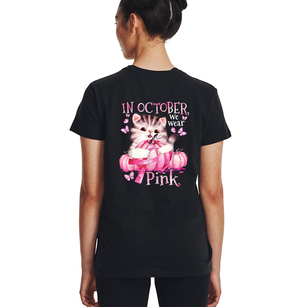 Cat Pumpkin Halloween In October We Wear Pink Breast Cancer Woman T-Shirt