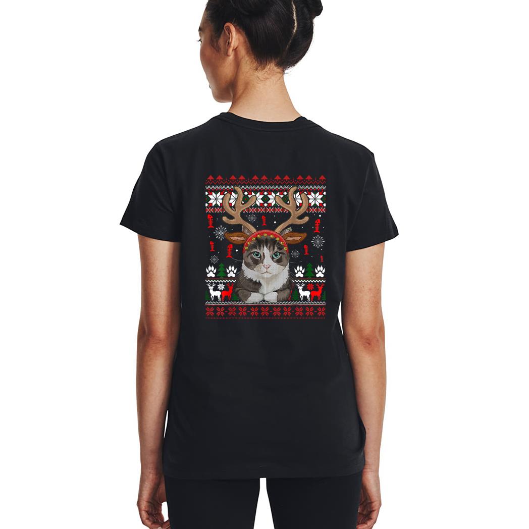 Cat Reindeer Antlers Headband Funny Ugly Christmas Sweater Woman T-Shirt