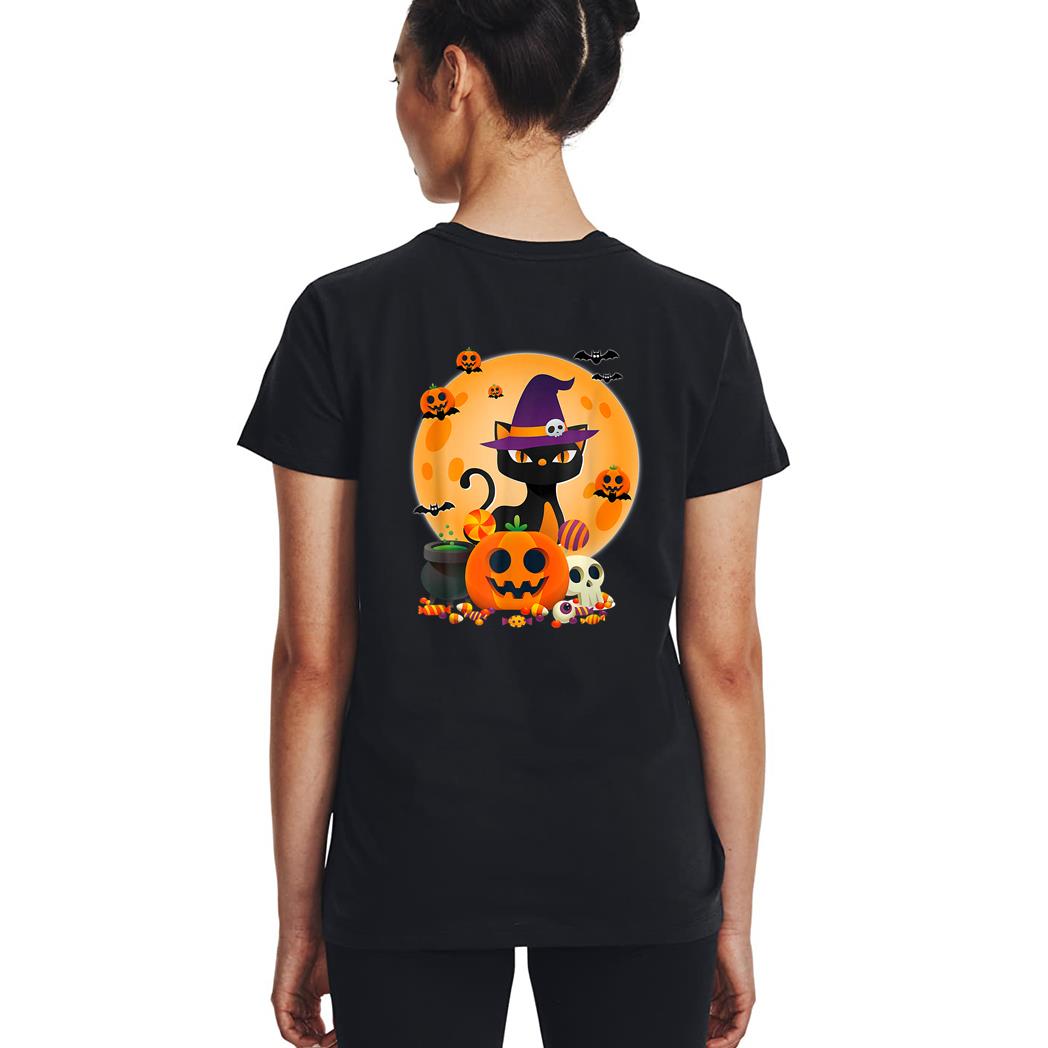 Cat With Witch Hat Pumpkin Bat Moon Cat Funny Halloween Woman T-Shirt