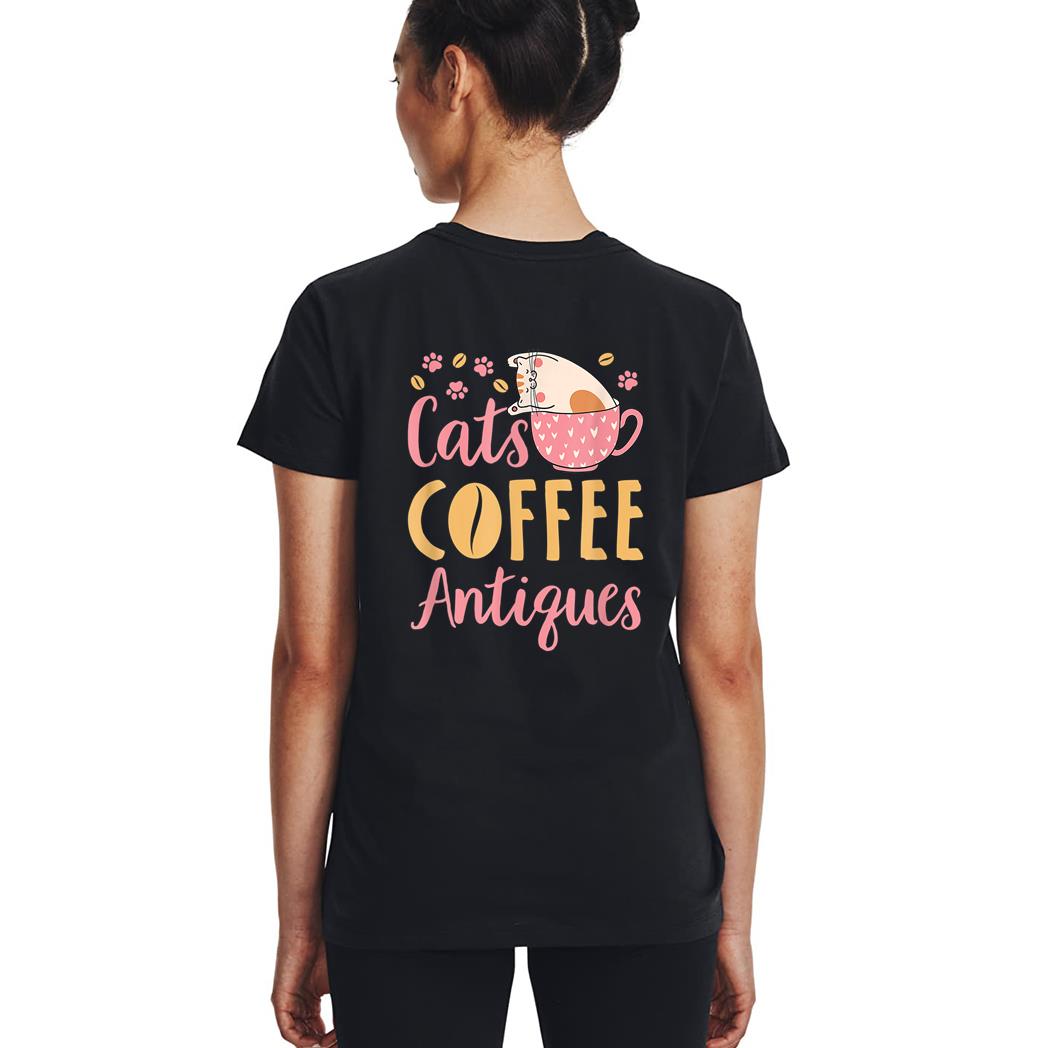 Cats Coffee Antiques Cat Lover Antiquing Woman T-Shirt
