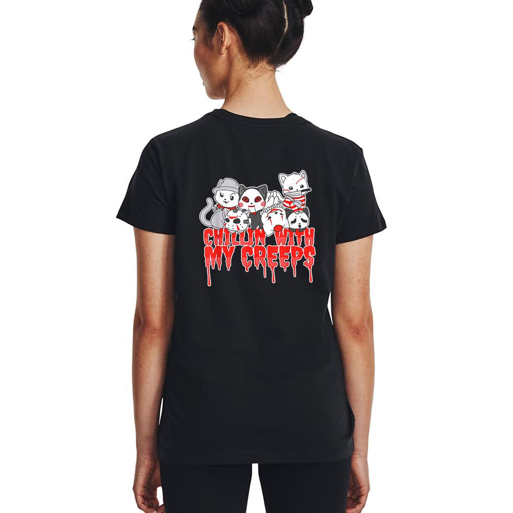 Chillin With My Creeps Cat Horror Serial Killer Halloween Woman T-Shirt