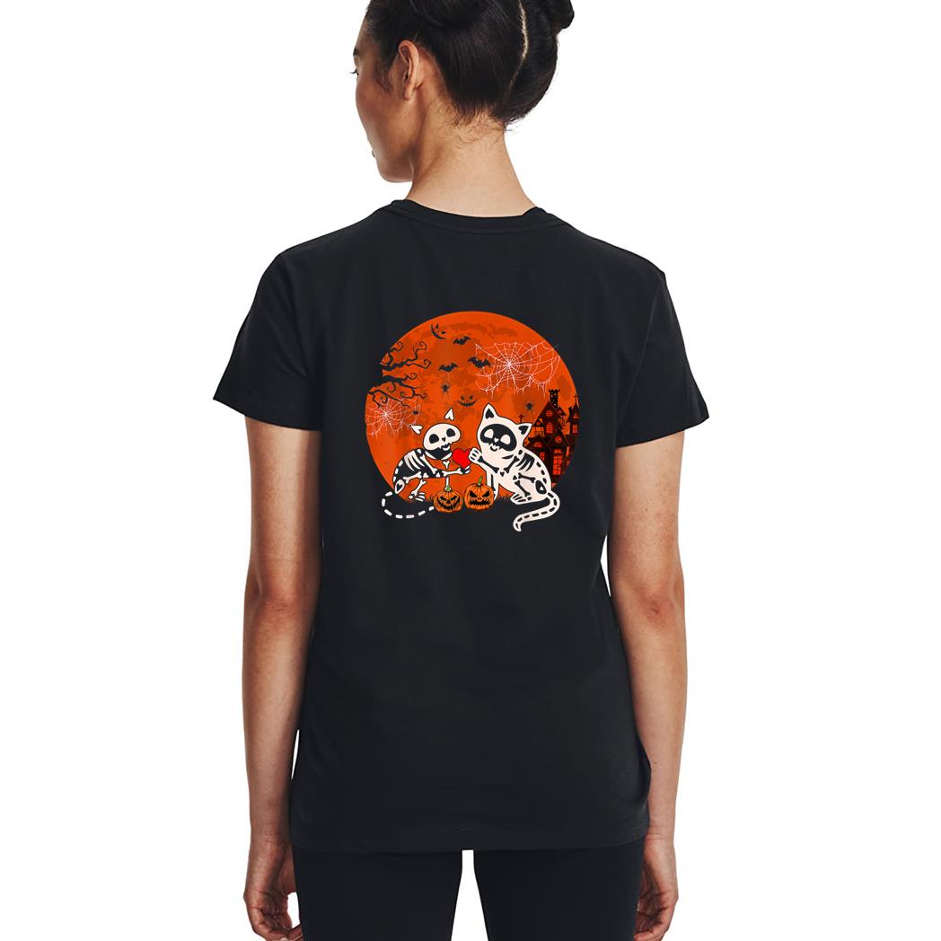 Couple Skeleton Horror Cats Halloween Couple Cat Owner Lover Woman T-Shirt