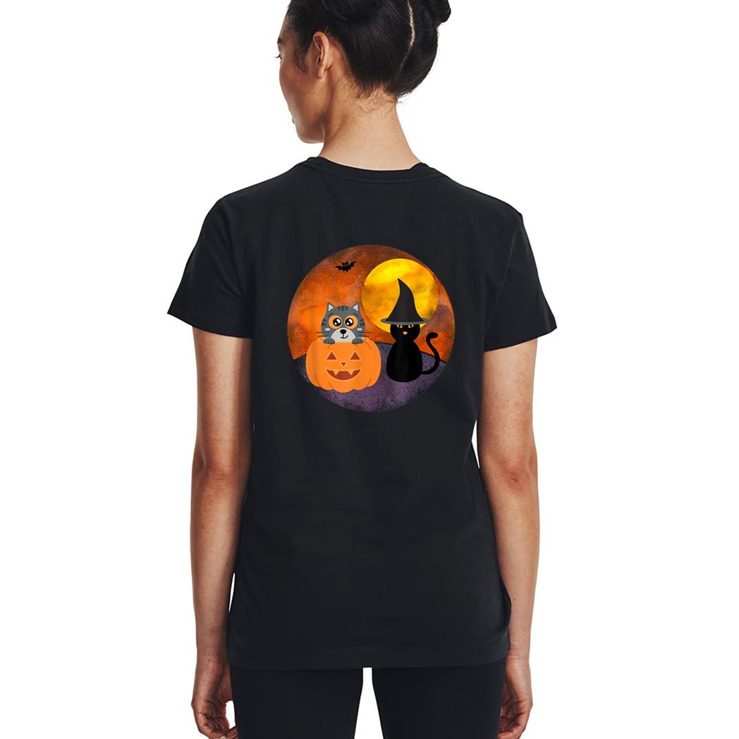 Cute Halloween Cat Scene Witch Pumpkin Bat Full Moon Woman T-Shirt
