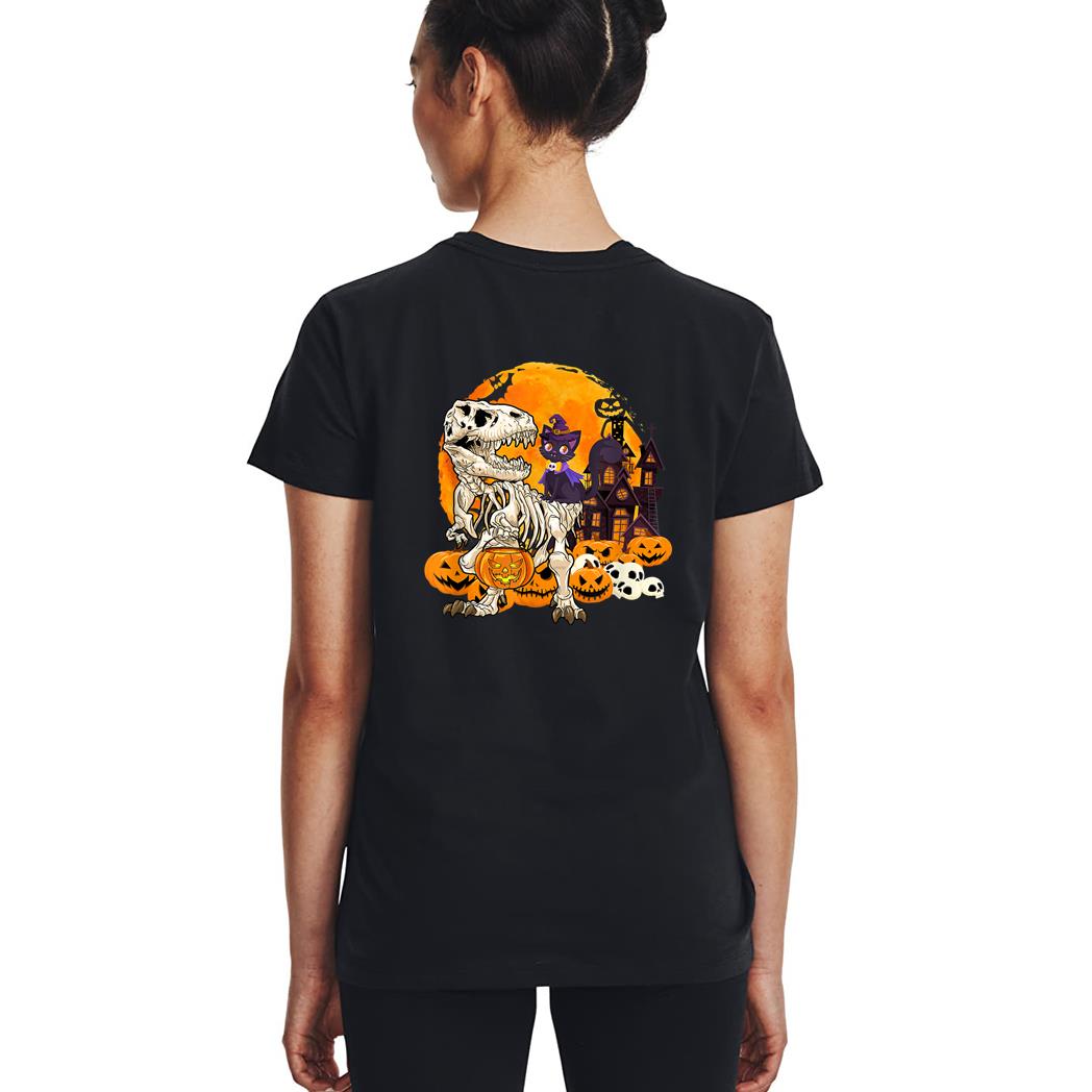 Dinosaur Skeleton Pumpkin With Moon Halloween Cat Witchy Woman T-Shirt