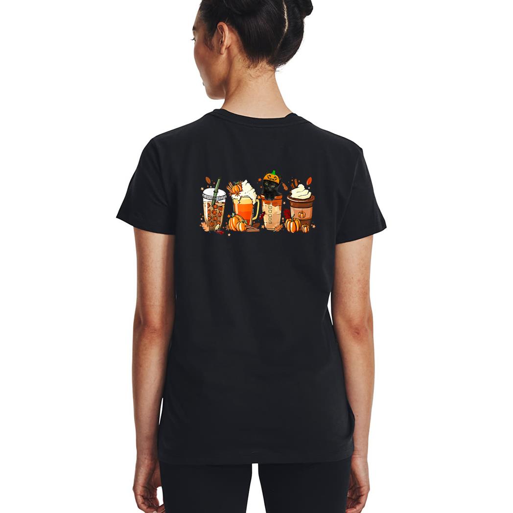Fall Coffee Pumpkin Spice Latte Iced Autumn Black Cat Woman T-Shirt