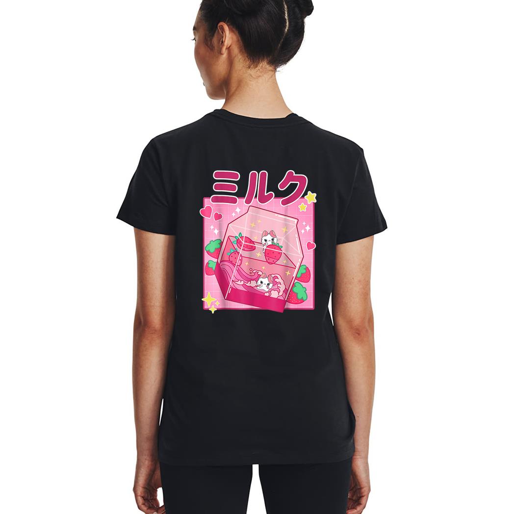 Funny Retro 90s Strawberry Milkshake Carton Kawaii Anime Cat Woman T-Shirt