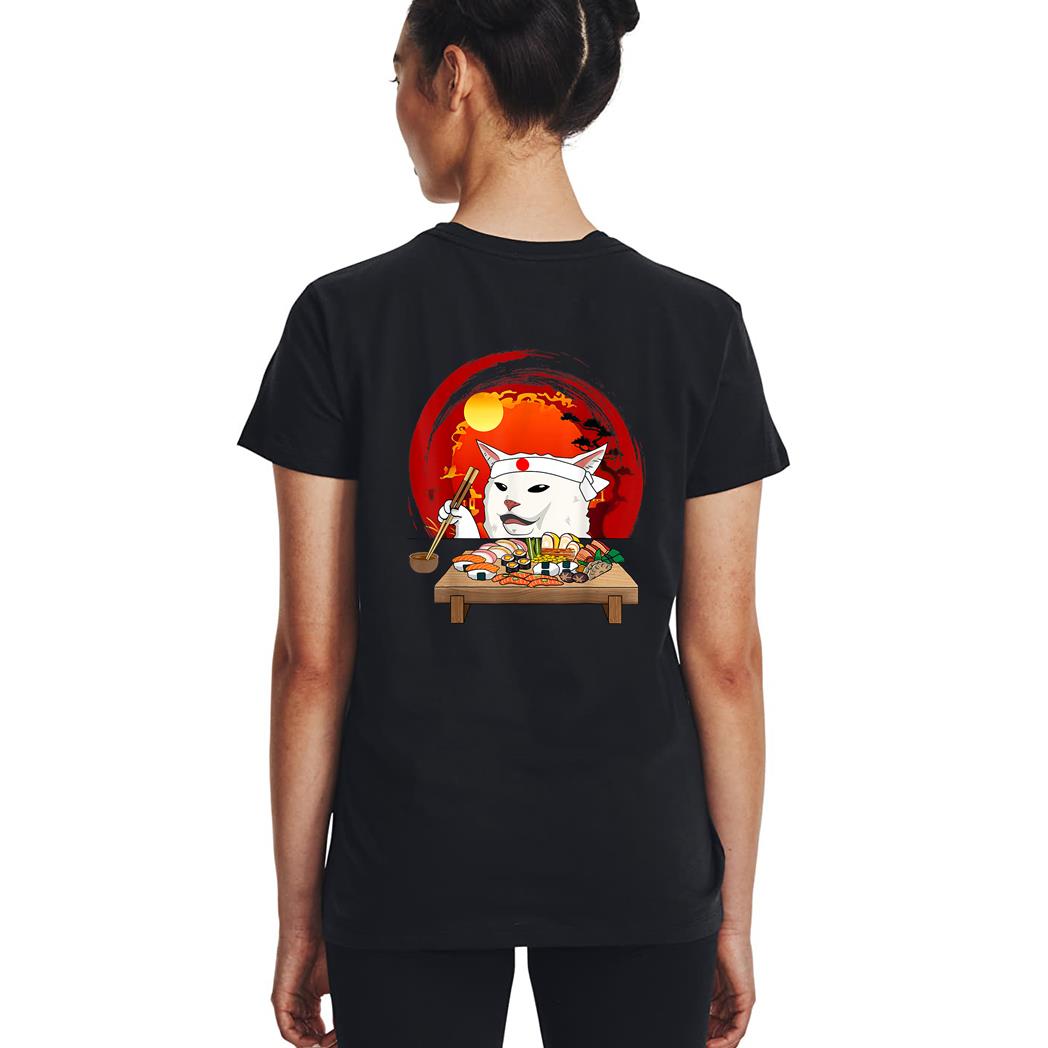 Funny White Cat Meme Eating Sushi Kawaii Sushi Cat Woman T-Shirt