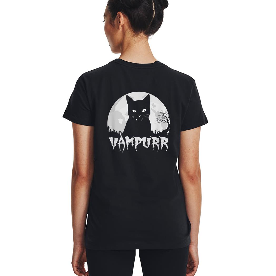 Halloween Black Cat Vampire With Full Moon - Vampurr Pun Woman T-Shirt