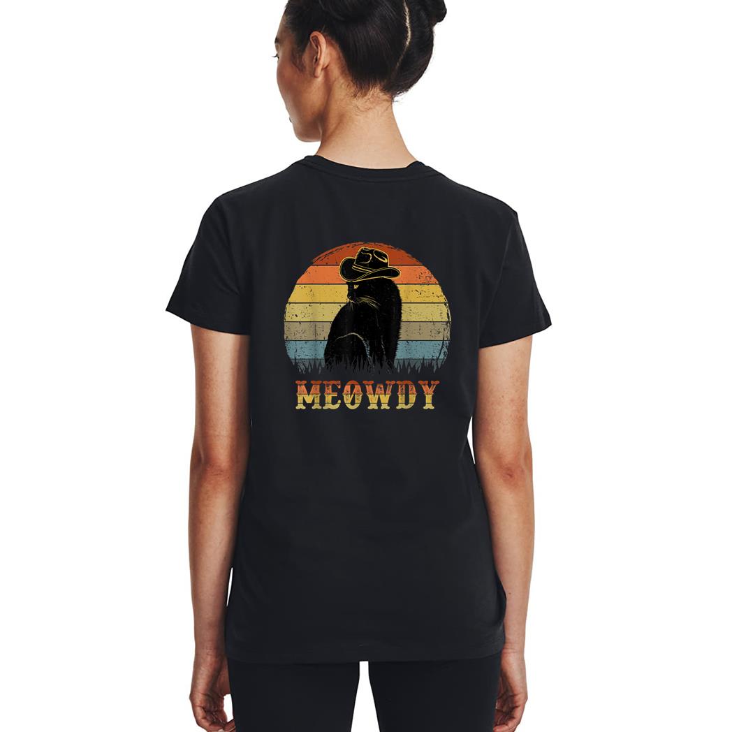 Meowdy Funny Country Music Black Cat Cowboy Hat Vintage Woman T-Shirt