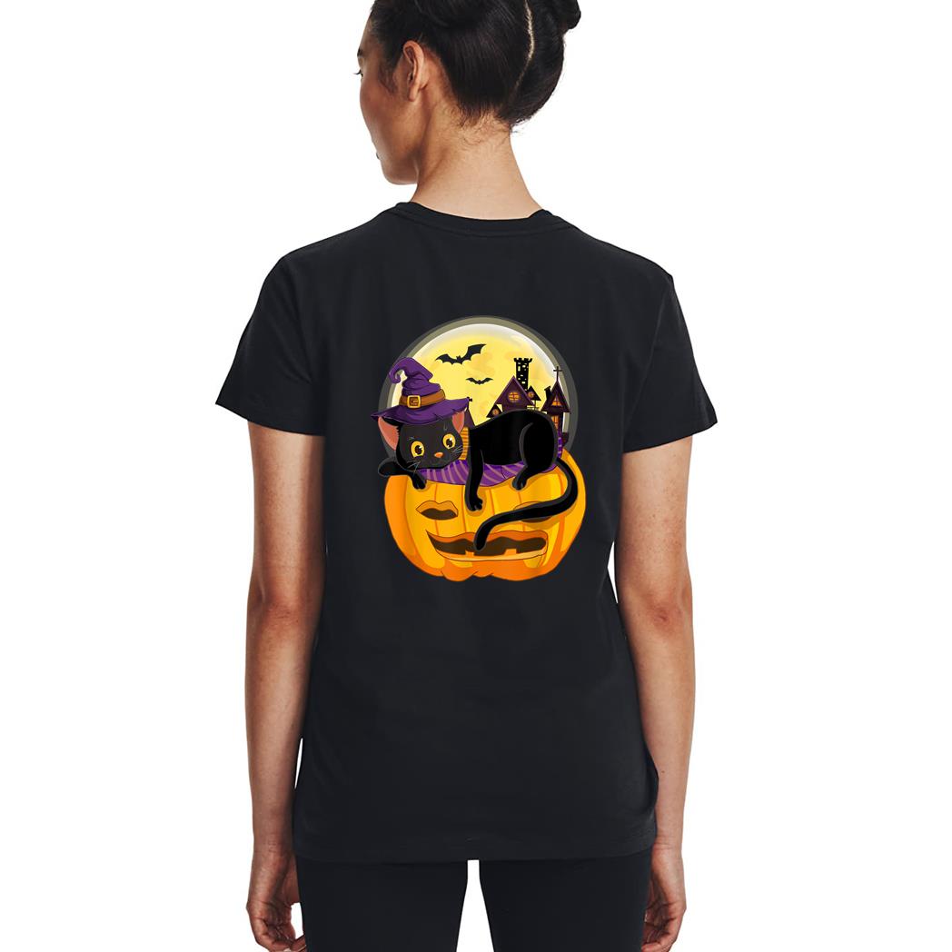 Pumpkin Black Cat Halloween Costume Scary Witch Autumn Fall Woman T-Shirt