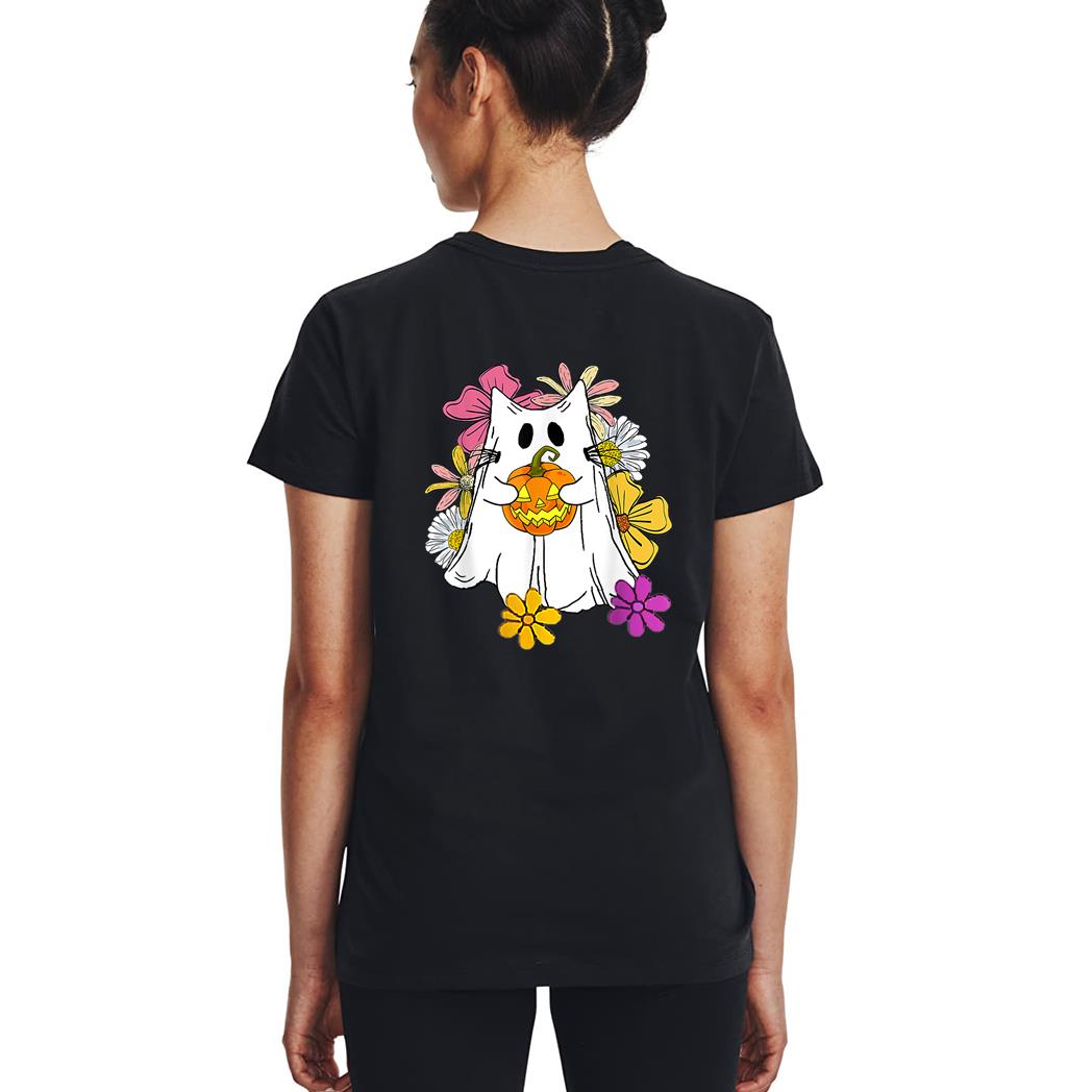 Vintage Floral Ghost Cat Halloween Graphic Woman T-Shirt